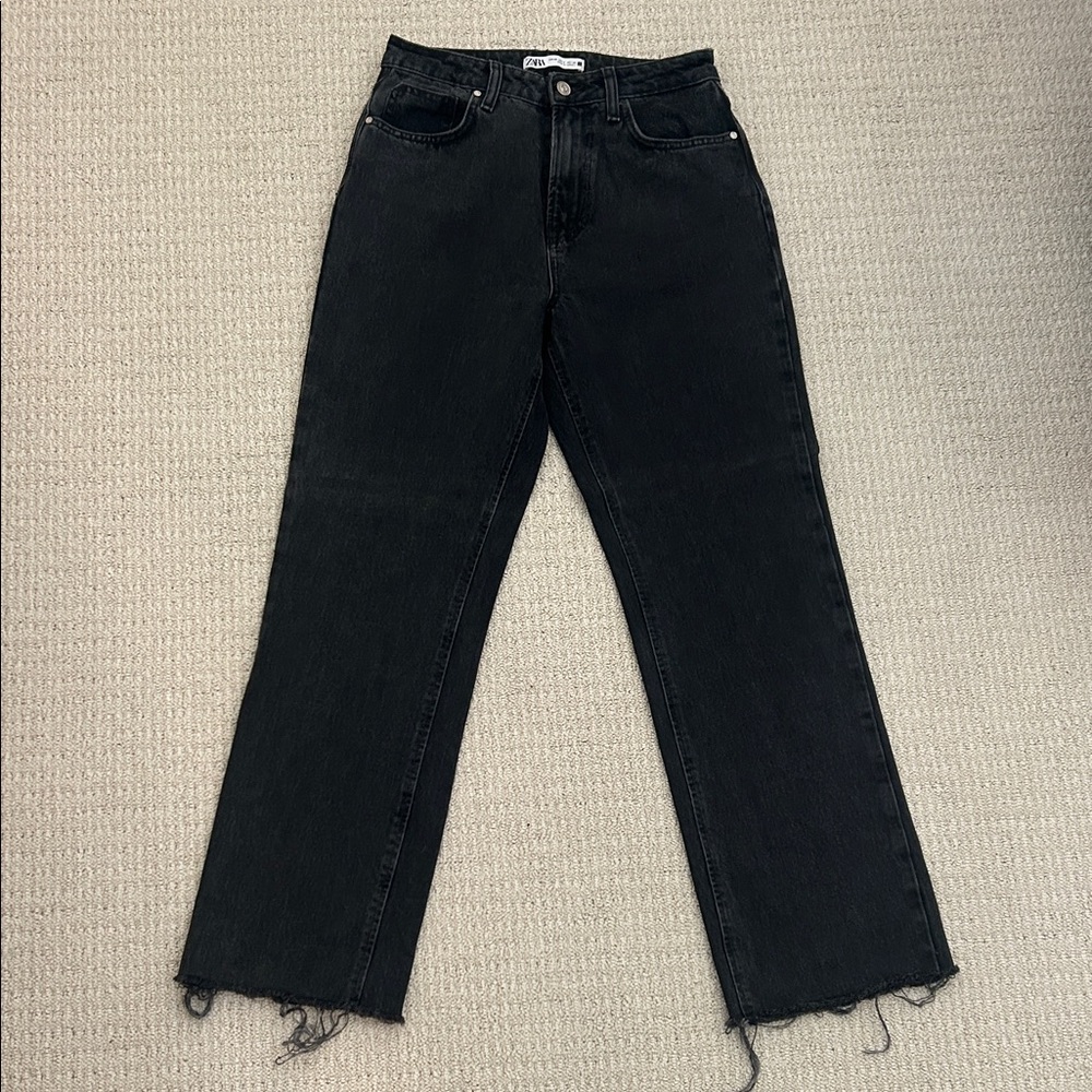 Zara Black Straight Leg Jeans with Frayed Hem